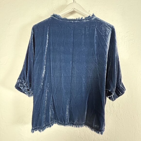 Sundance Womens Alannah Velvet Top PXXS Blue 3/4 Sleeve Fringe Silk Blend NWOT - Picture 2 of 8